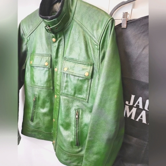 THE JACKET MAKER , MEN'S Darren Distressed Green Leather Biker Jacket - Picture 2 of 10